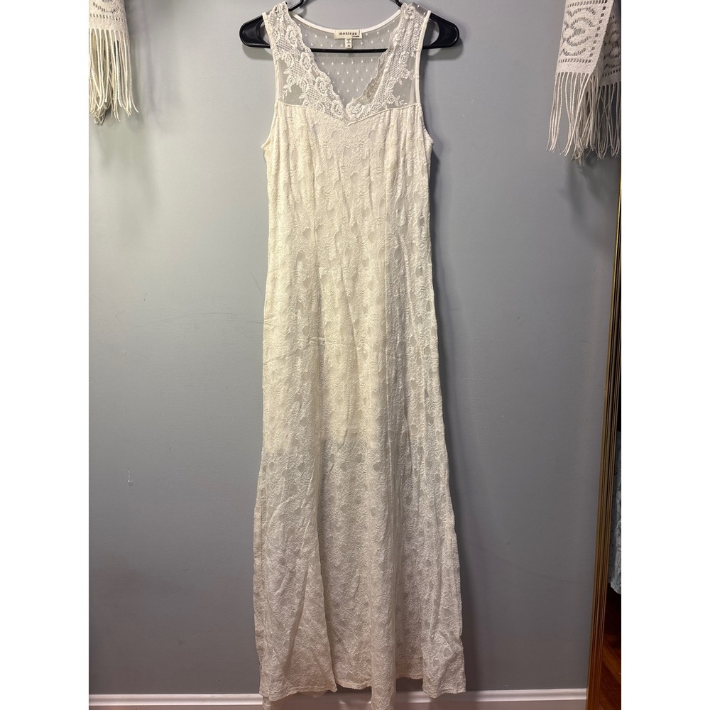 Monteau Los Angeles White Floral Lace Swiss Dot Mesh Maxi Dress Womens Bridal